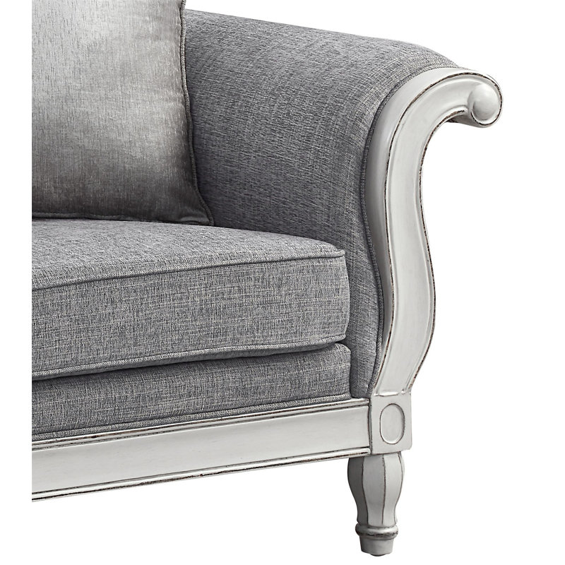 Causeuse Florian en tissu gris et blanc antique avec 3 coussins