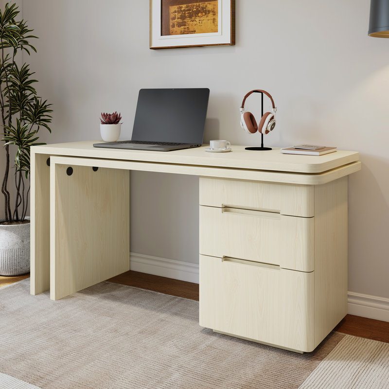 Bureau de direction rotatif en L 90 po avec 3 tiroirs Reverie, Bois naturel