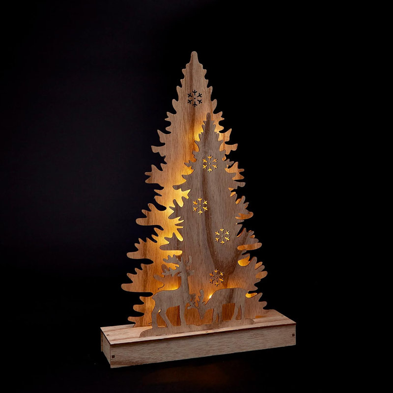 Pre-Lit Tree Reindeer Scene - 38cm Wooden Nordic Christmas Forest Scene with LED Lights, Brown