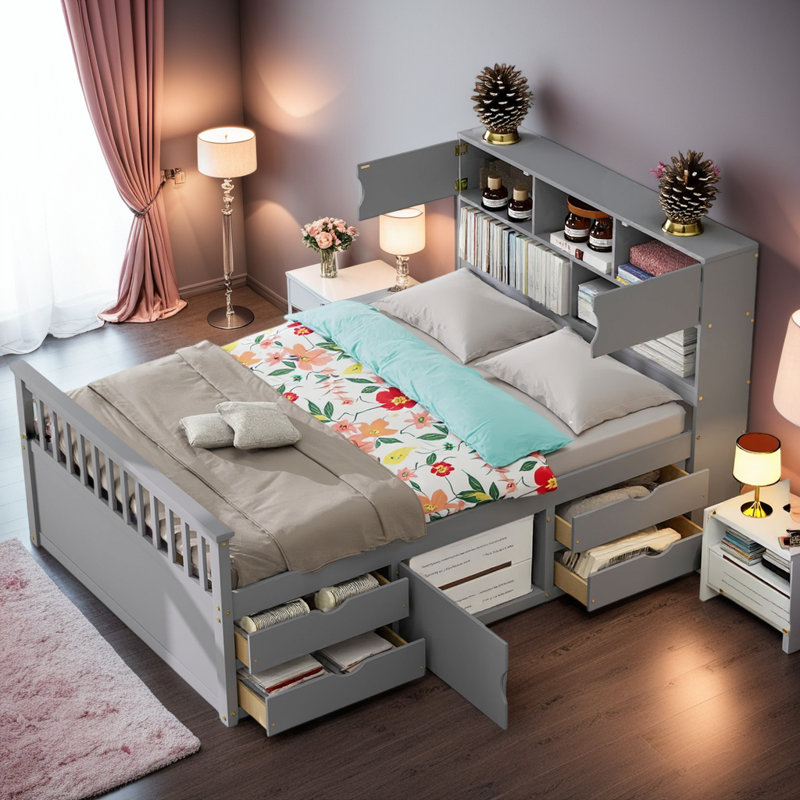 Lit plateforme double avec tête de lit bibliothèque, 4 tiroirs, rangement réglable sous le lit, Gris