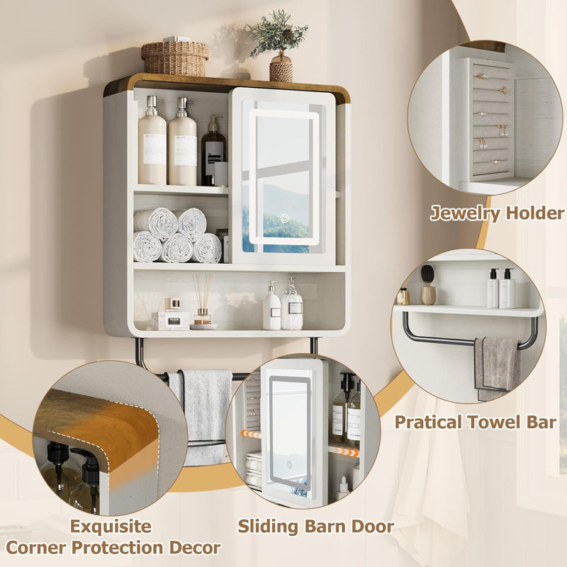 Wall Mounted Bath Storage Cabinet with Sliding Door and Open Shelf, Antique White/Brown