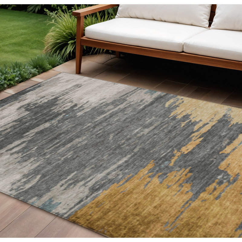 Tapis intérieur lavable abstrait doré et gris 10 pi x 14 pi