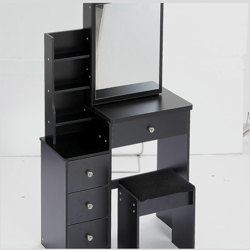 29.2" Small Space Left Bedside Cabinet Vanity Table + Cushioned Stool, Extra Large Right sliding mirror, Multi Layer High Capacity Storage, Practical Fashionable Dresser, Suitable For Small Space
