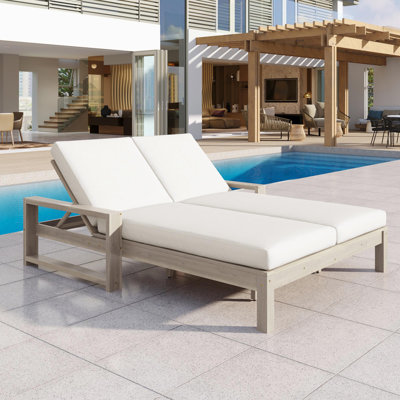 Outdoor Double Lounge Chair With 5-Position Adjustable Backrest For Each Seat, Wood Patio Chaise Lounge With Removable Cushions For Patio, Poolside, Garden