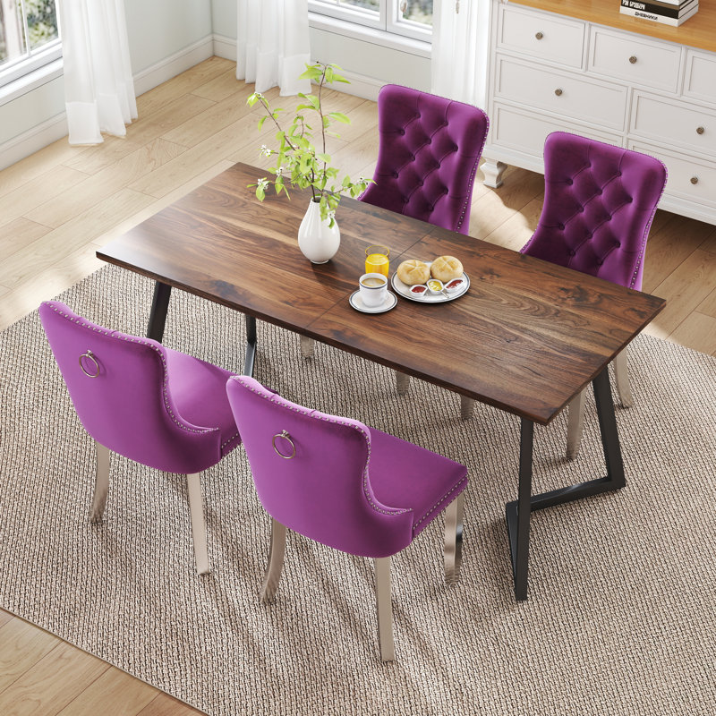 Ensemble de salle à manger rectangulaire en bois avec chaise capitonnée, 5, Mauve