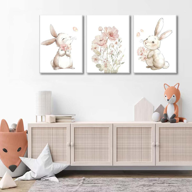 60*40,Pink Girl Nursery Bunny Canvas Wall Art Cute Rabbit Wildflowers Painting Pictures., 60 cm H x 40 cm W