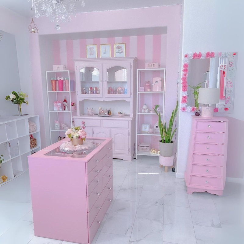 Light Pink Glossy MDF Vanity Dresser with 11 Soft Close Drawers