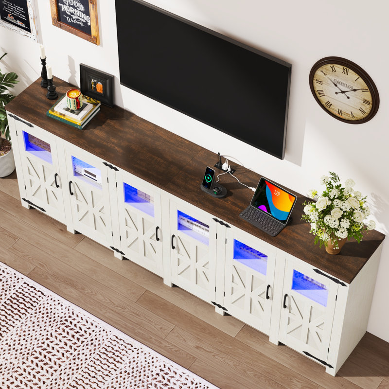 95.3” LED Farmhouse TV Stand For Tvs Up To 85" With Power Outlets And Adjustable Shelves, White/Brown
