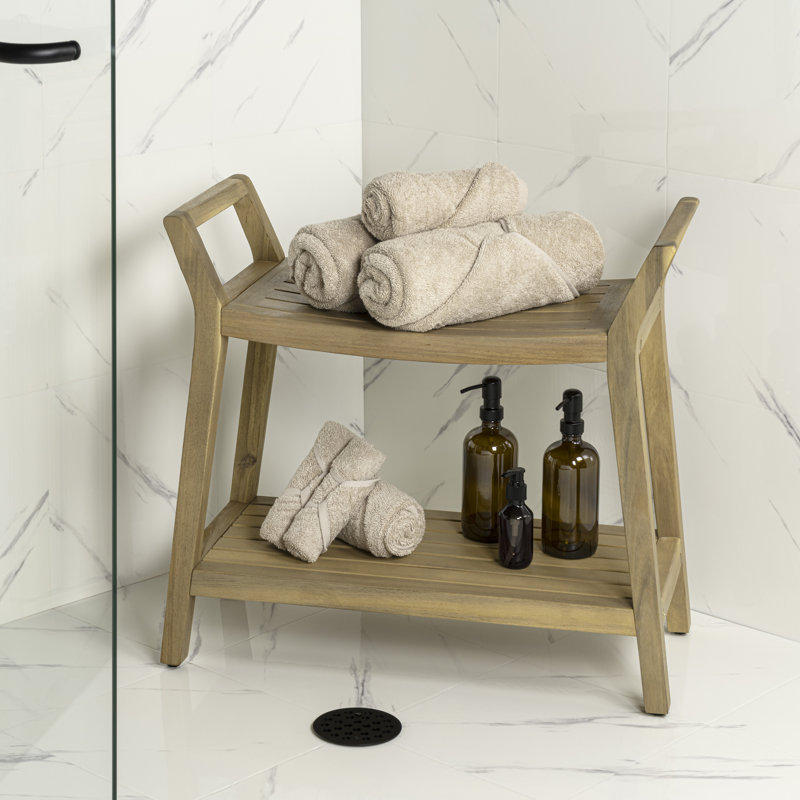 Orla Modern 25.5" Light Teak Acacia Wood Shower Bench with 2-Tier Storage Shelf, Spa Bath Stool Seat for Bathroom & Indoor/Outdoor