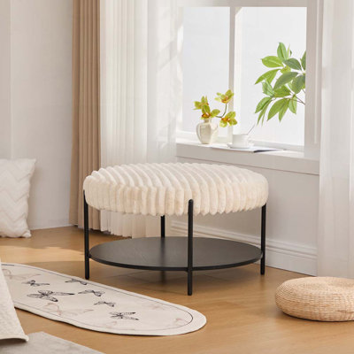 30.9"Wide Faux Fur Upholstered Round Ottoman Coffee Table Foot Rest with Black Metal Legs