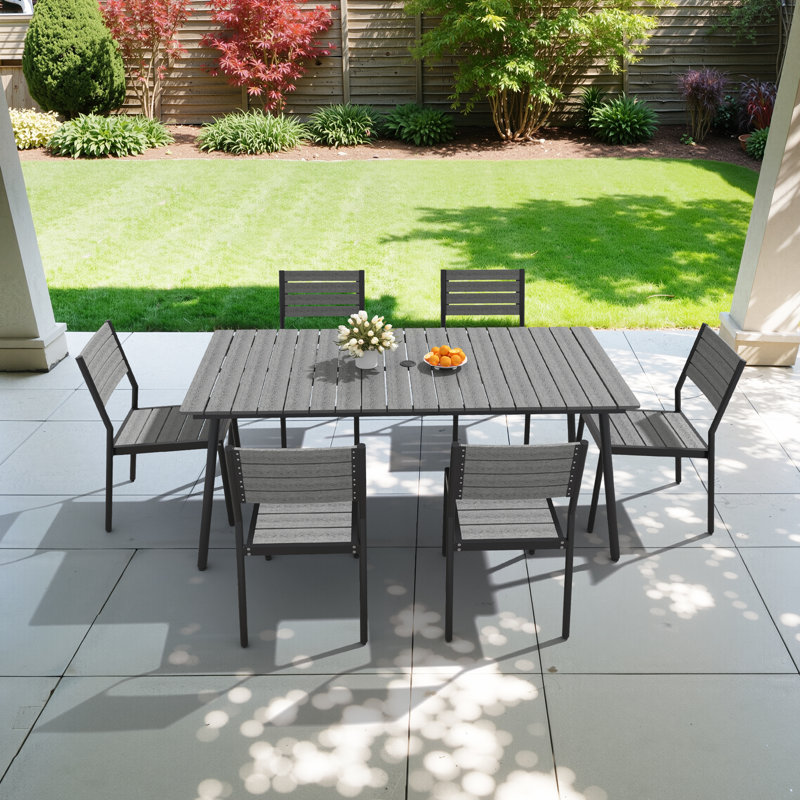 6-Person Aluminum Outdoor Dining Set With Umbrella Hole And Stackable Chairs, Gray