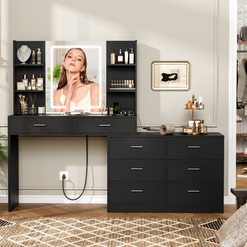 Vanity Makeup Desk With Led Light Mirror & Power Outlet, 8 Drawers, 6 Storage Shelves, 3 Color Modes & Adjustable Brightness Dressing Table, Corner Vanity, L Shape Change, 39.4”desk,