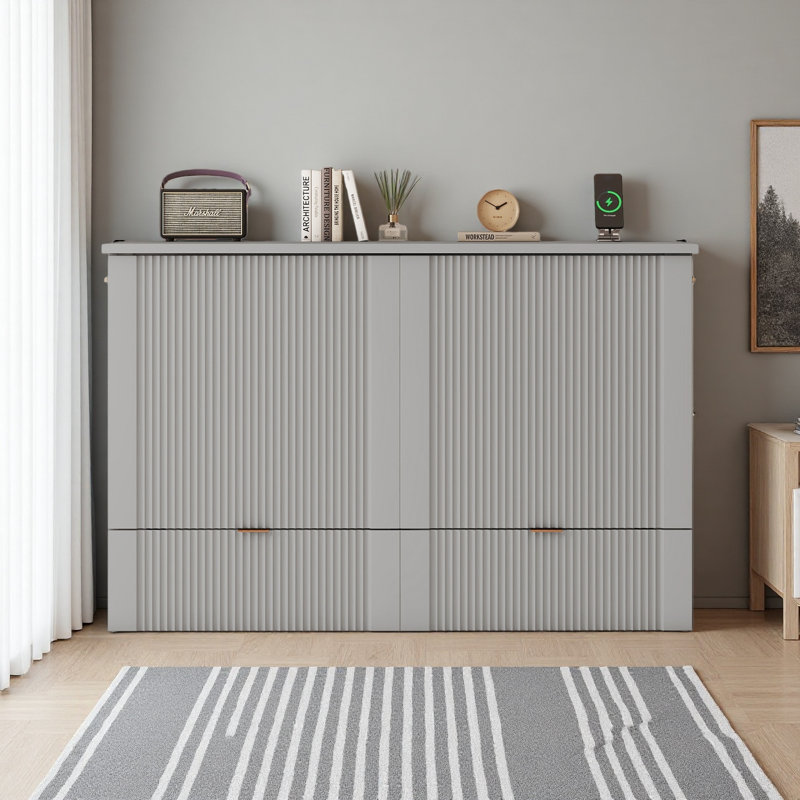Lit escamotable double avec tiroir et un ensemble de prises et ports USB, structure de poulie