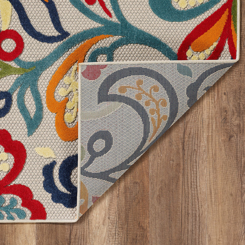 Tapis décoratif extérieur ivoire et bleu Vesselin, Rectangle 2 pi x 4 pi
