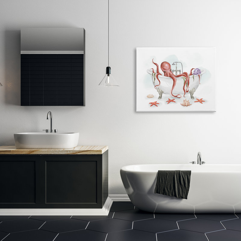 «Red Octopus Nautical Claw Bath Sea Shells» par Ziwei Li - impression, H 30 po x l 40 po, Toile tendue