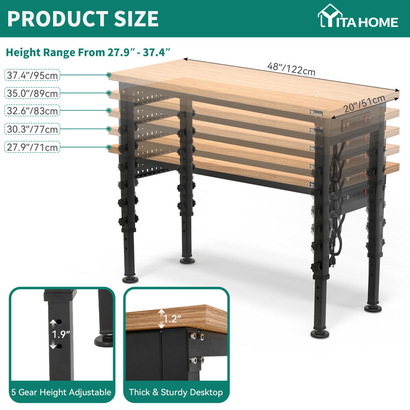 Delbosque 60" W Adjustable Height Workbench, 27.9" H x 72" W x 24" D