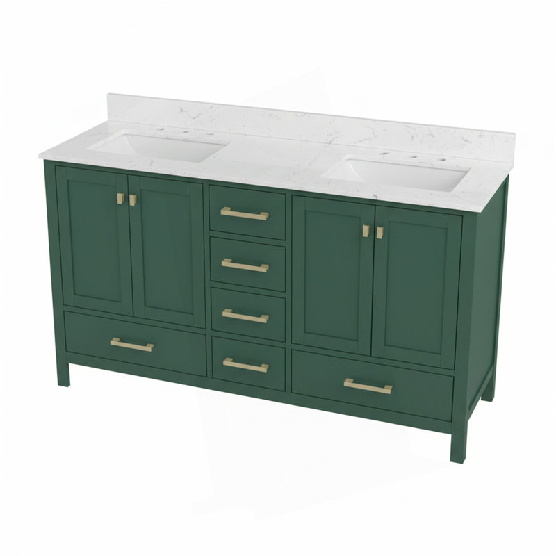 Meuble-lavabo 60 po, meuble-lavabo avec cadre en bois massif, comptoir autoportant avec 2 cuves, Green, 60"