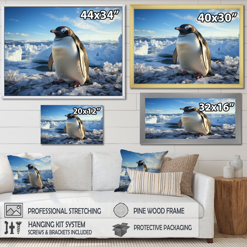 Pingouin qui se dandine d'élégance sur toile, Cadre photo doré simple, H 34 po x l 44 po x P 1,5 po