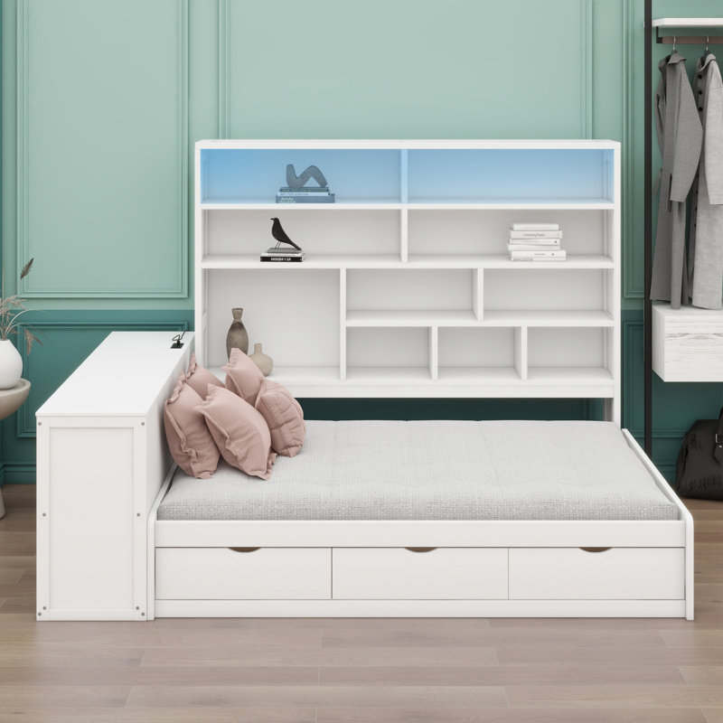 Lit de jour en bois avec trois tiroirs, bureau, tablettes et lumières, Blanc
