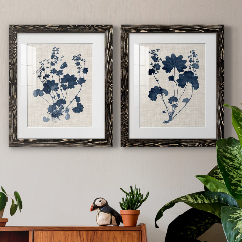 Bleu marine et feuilles de lin II - ensemble de 2 reproductions d'art sur papier encadré, H 20 po x l 17 po, Noir