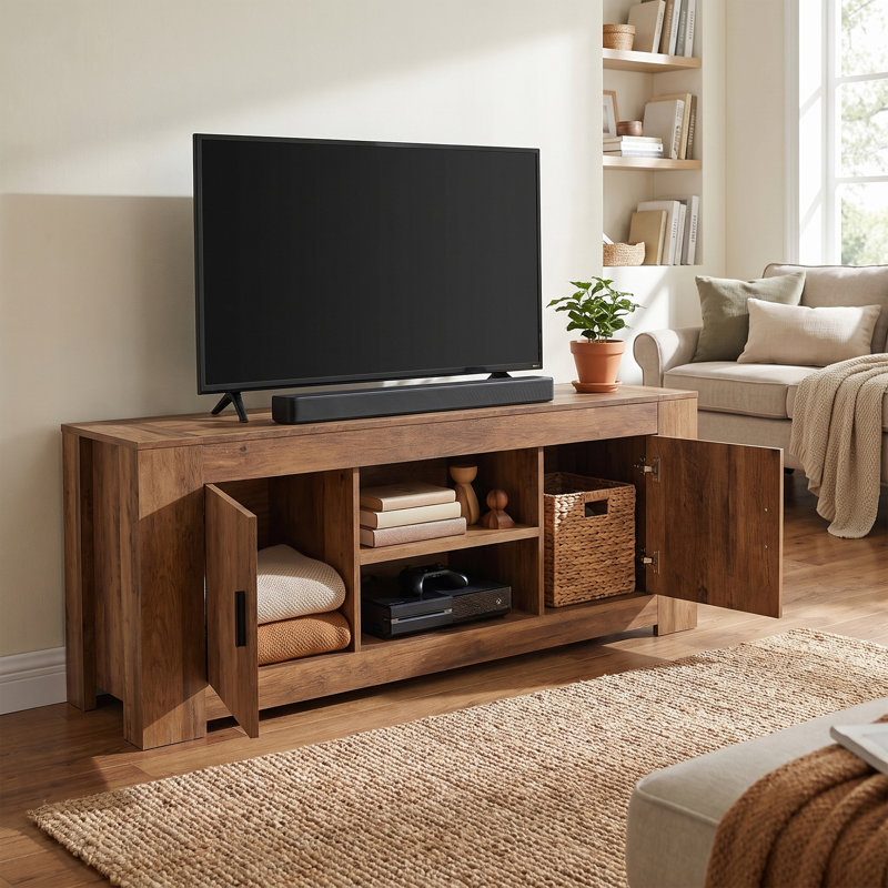 Meuble télé pour téléviseur de 65 po ou moins avec armoires de rangement, centre de divertissement de ferme, Brun