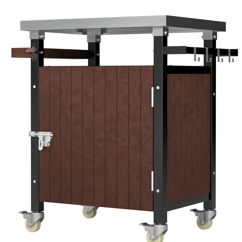 Outdoor Grill Cart With Stainless Steel Tabletop, Waterproof Storage, Wheels, Spice Rack, Hooks, And Shelves – Movable Bbq Prep Table And Rolling Patio Kitchen Island Bar Cart