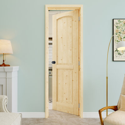 24" x 80" 2-Panel Pine Wood Interior Prehung Door with Round Knob and Silver Hinges, Natural Pine Wood, Paintable & Waterproof, Suit for Laundry, Closet Doors, Room Doors, Right Hand