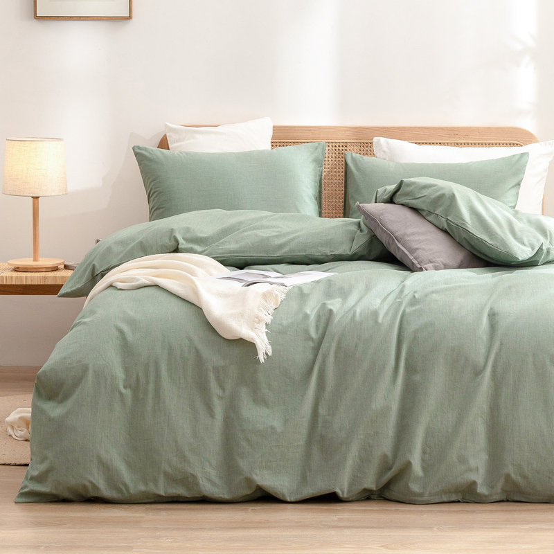 BESTOUCH Duvet Cover Set 100% Washed Cotton Linen Feel Lightweight, Green, Super King Duvet Cover + 2 King Pillowcases