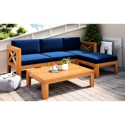5 meubles de patio modulaires avec coussins - couleur naturelle, revêtement bleu, bois massif, espace extérieur 5 pièces, et bleu, surface d'eau