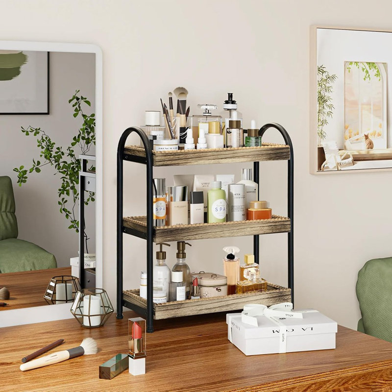 Organisateur de comptoir de salle de bain à 2 niveaux, tablette de rangement en perles de bois, plateau Mordern, tablette et décoration de salle de bain, plateau de meuble-lavabo pour salon, cuisine (3 niveaux)