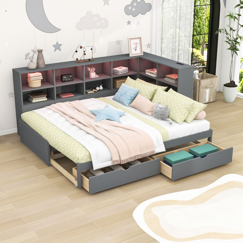 Lit de jour simple en bois à deux tiroirs avec lumières DEL, tablettes et ports USB, Gris
