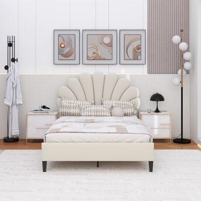 Lit plateforme tapissier avec tête de lit en velours à motif floral