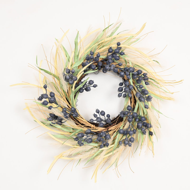Couronne de 24 po Boho Berry Pampas, Beige; bleu