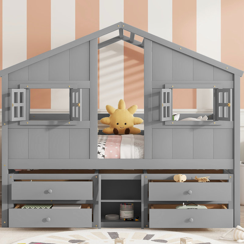 Lit mezzanine double en pin avec fenêtres, 4 tiroirs de rangement, garde-corps et coffre-fort en bois, Gris