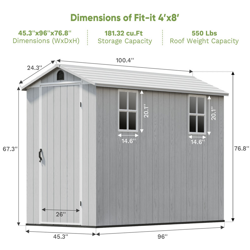 4 Ft. W X 8 Ft. D Resin Storage Shed, Gray