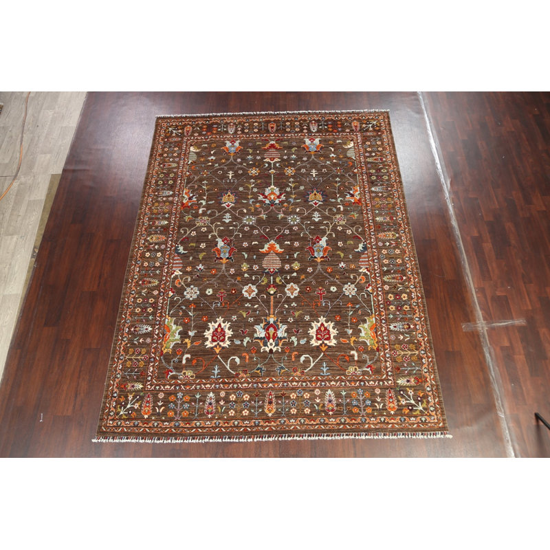 Tapis brun en laine noué à la main de conception unique 8 pi 1 po x 10 pi 5 po New Age