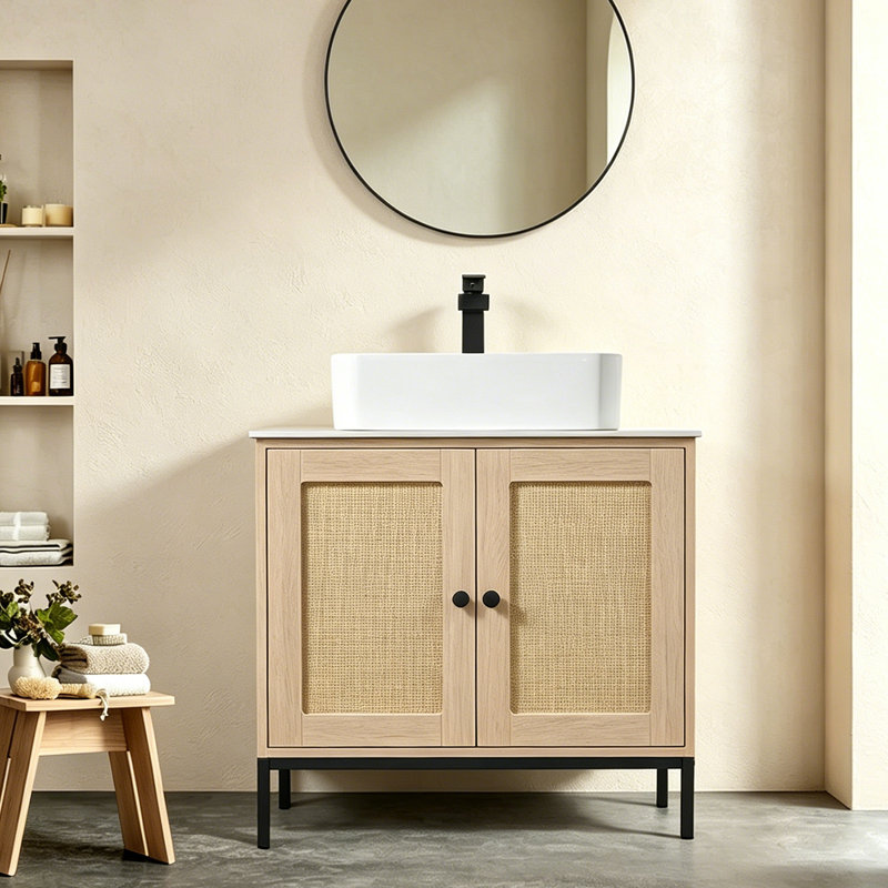 Ensemble de meuble-lavabo moderne 30 "avec portes tressées en rotin et lavabo en céramique
