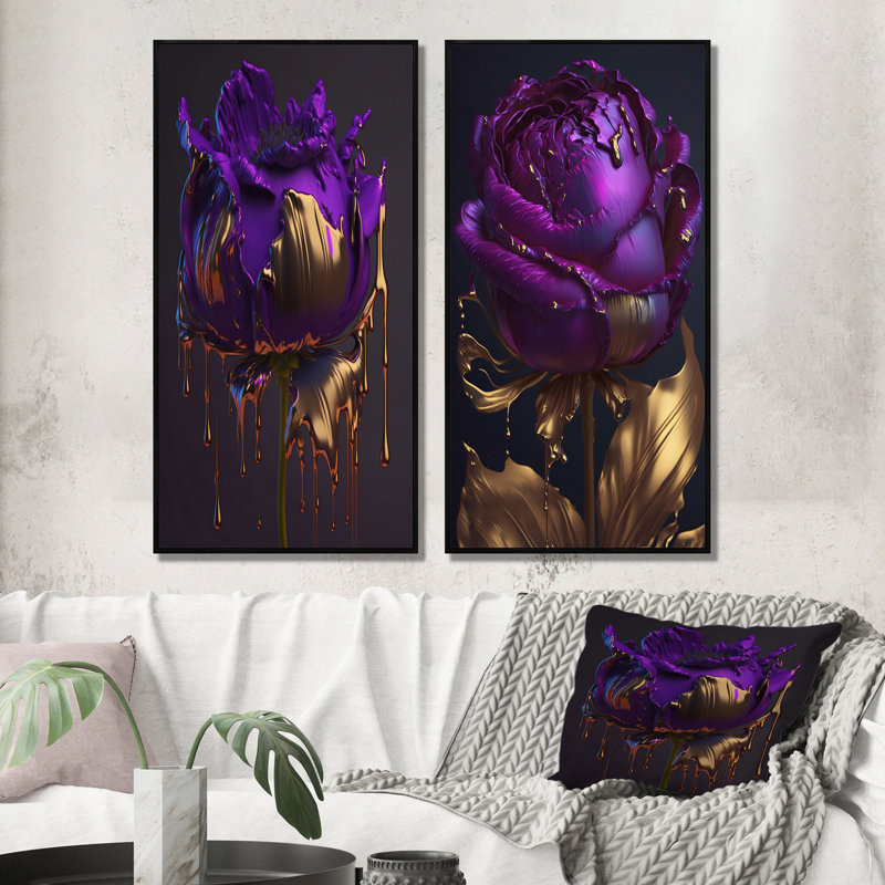 Mauve pivoine liquide or I - pivoines, ensemble de 2 pièces d'art mural, Cadre noir, H 20 po x l 24 po