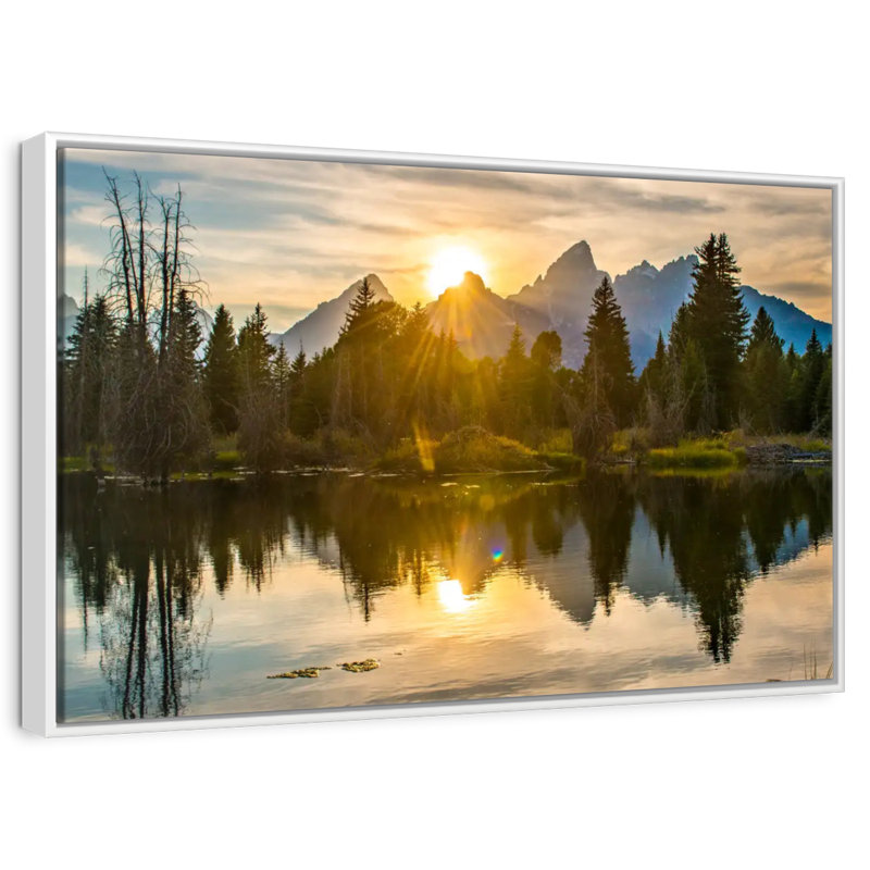 Coucher de soleil spectaculaire sur Grand Teton, Cadre flottant blanc, 19 po x 13 po
