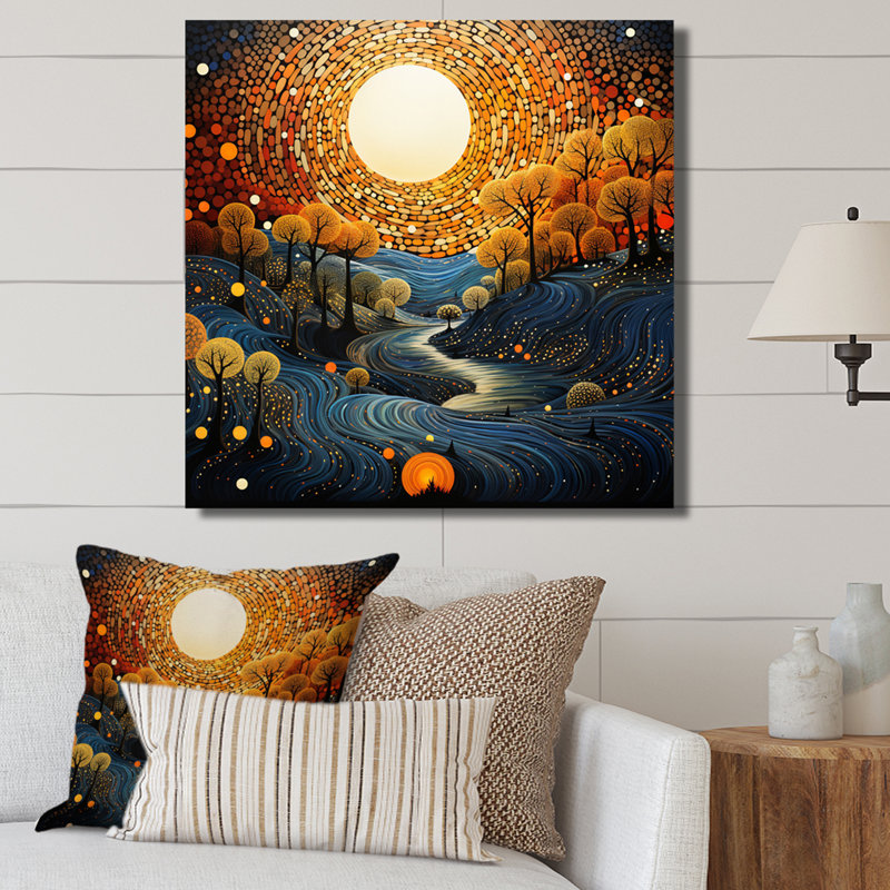 " Yellow Teal Mountain Pointillism Mountain Uses ", 36" H x 36" W x 1.5" D, Wrapped Canvas