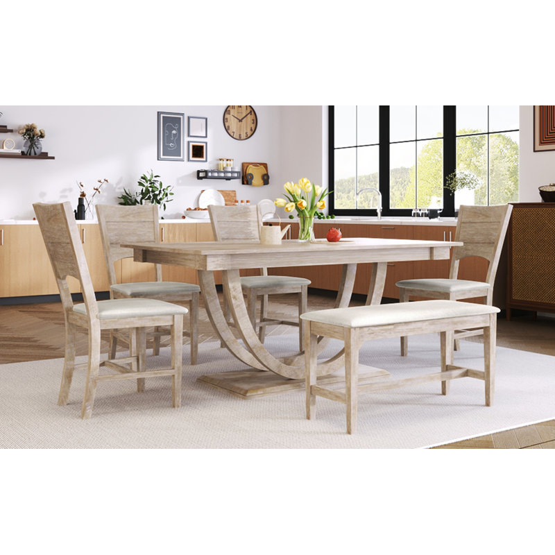Ensemble de 6 tables de salle à manger en bois 6 pièces avec banc long et 4 chaises, style moderne, Seadrift, Marron clair
