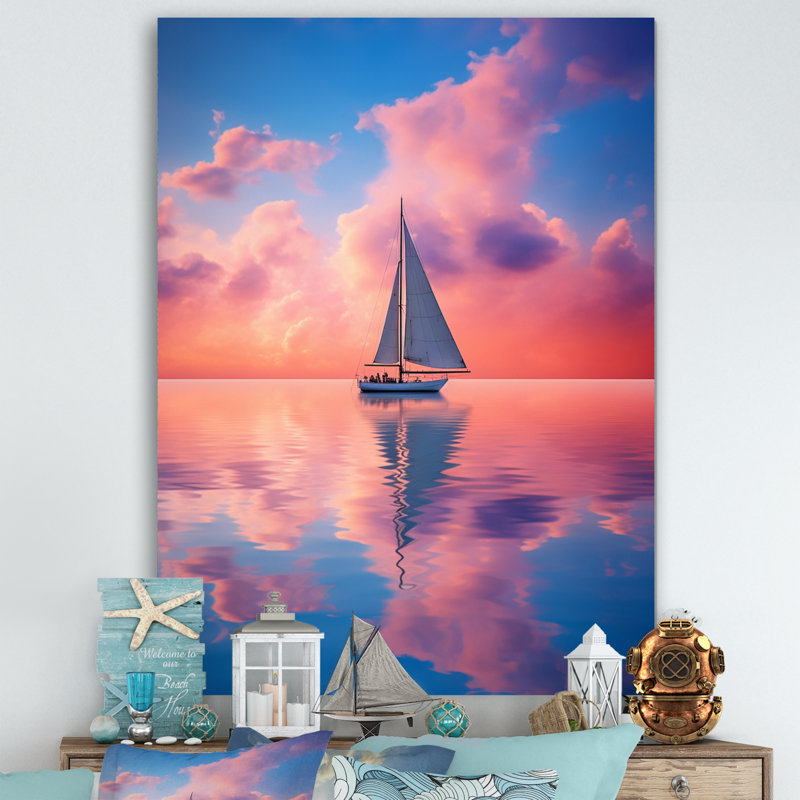 Voilier vibrant rose et coucher de soleil - reproduction sur toile, Toile tendue, H 20 po x l 12 po x P 1 po