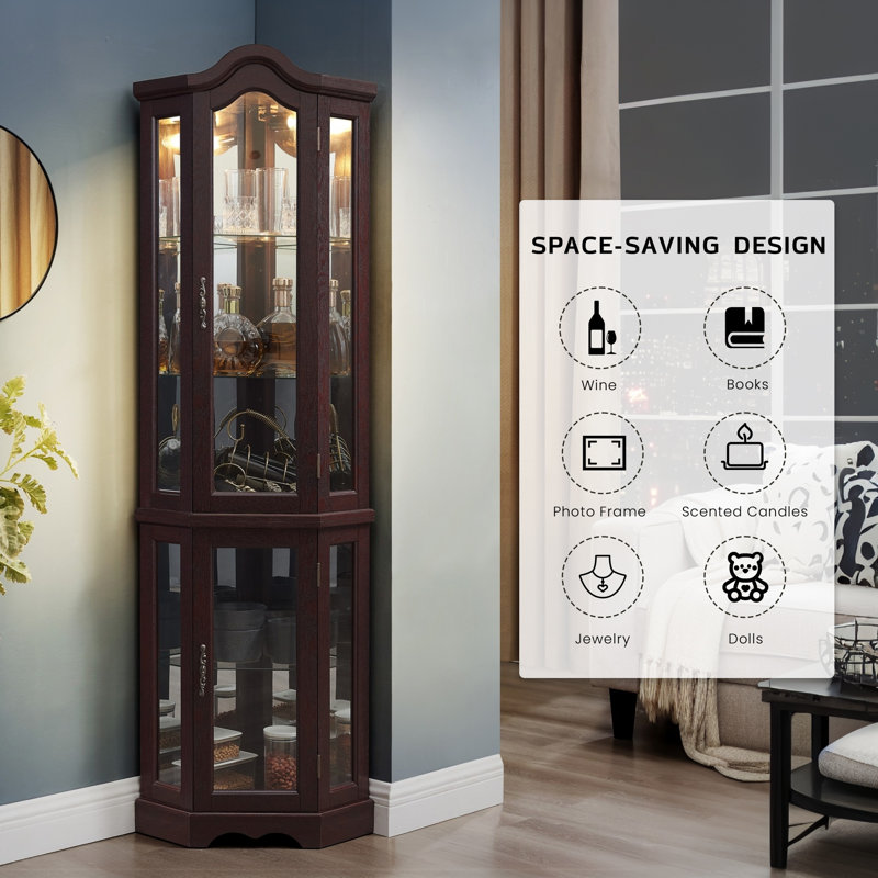70.5" Arched Corner Curio Cabinet, Wooden China Cabinet with Adjustable Glass Shelves, Lighted Glass Display Cabinet Include Light Bulb, Rack for Living Room, Kitchen