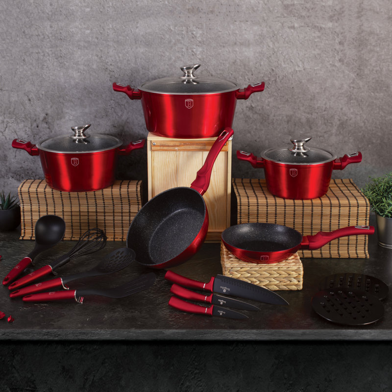 17 - Piece Non-Stick Aluminum Cookware Set, Red