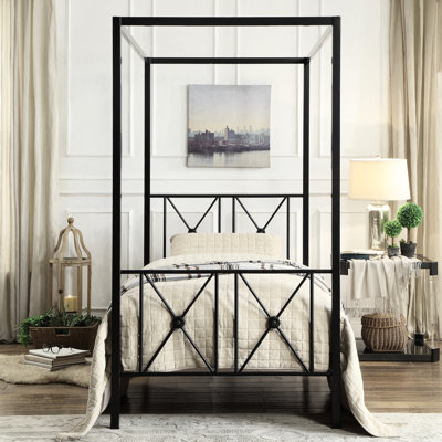 Metal Twin Canopy Bedroom Bed In Black - Traditional Style Finish, Decor