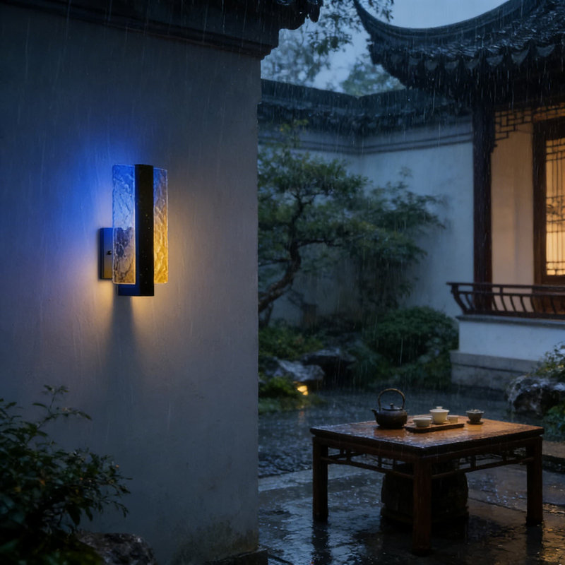 Modern Outdoor Wall Lights With RGB Color Changing And Dimmable Brightness, Water Glass Design Wall Mounted Sconce Fixtures For Porch, Patio, And House Exterior