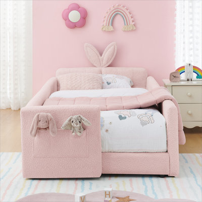 Twin Size Upholstered Platform Bed with Cute Rabbit Ear Shaped Headboard, with Safety Rail and Pocket, Boucle Fabric, Pink
