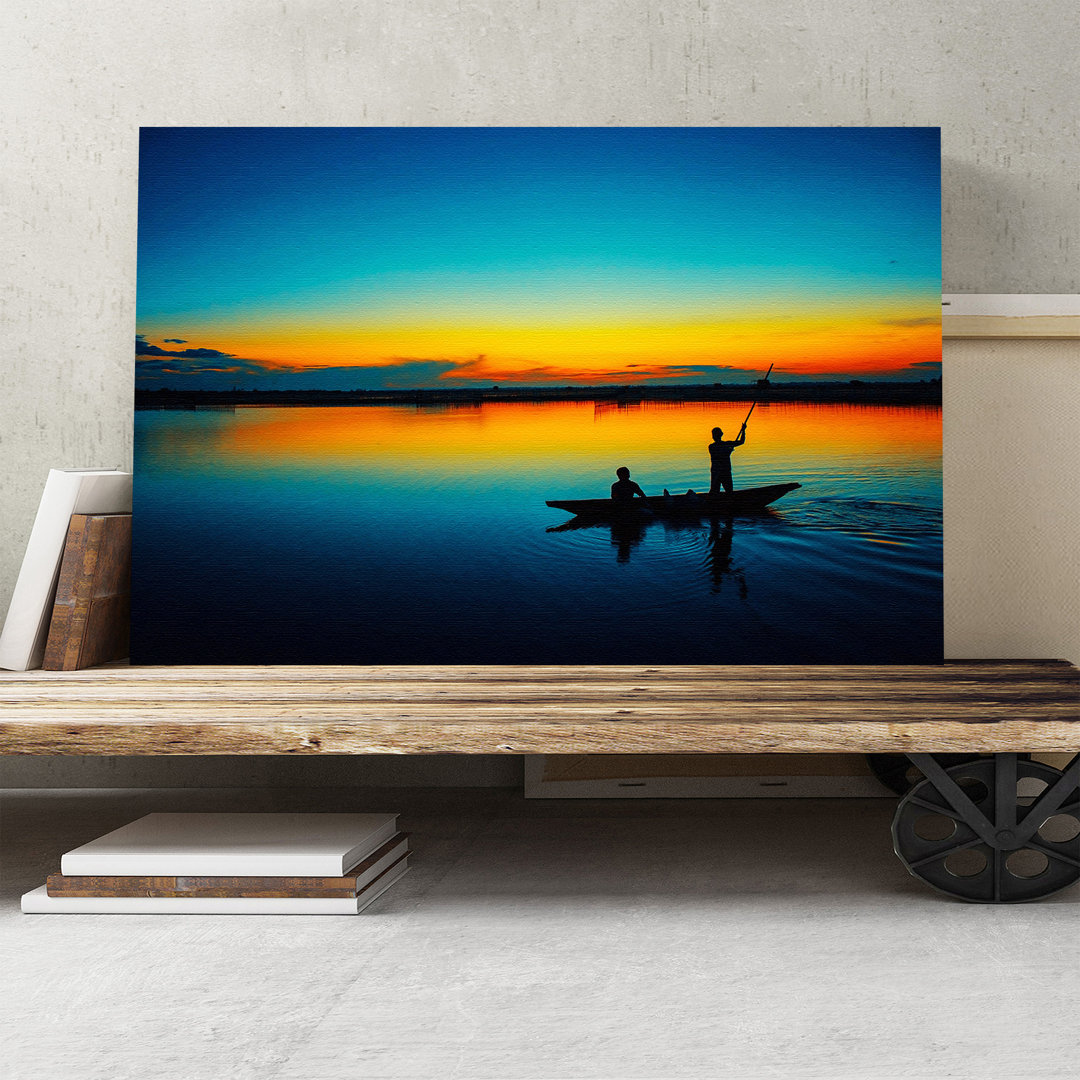 Landscape Evening Sunset Boat Photographic Print on Canvas