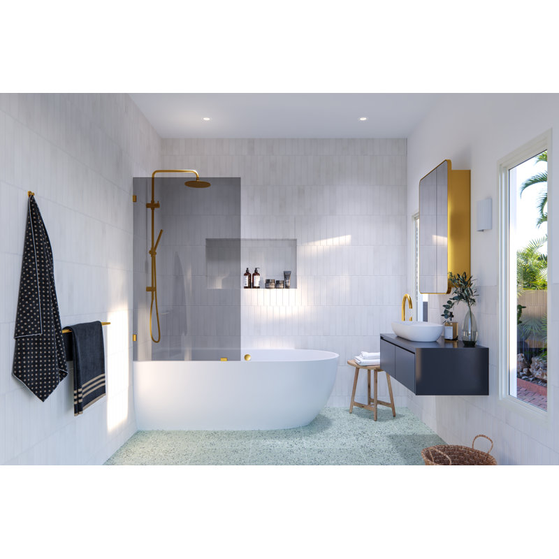 Ursa 34 in. x 58.25 in. Frameless Gray Tinted Single Fixed Bath Panel, Satin Brass