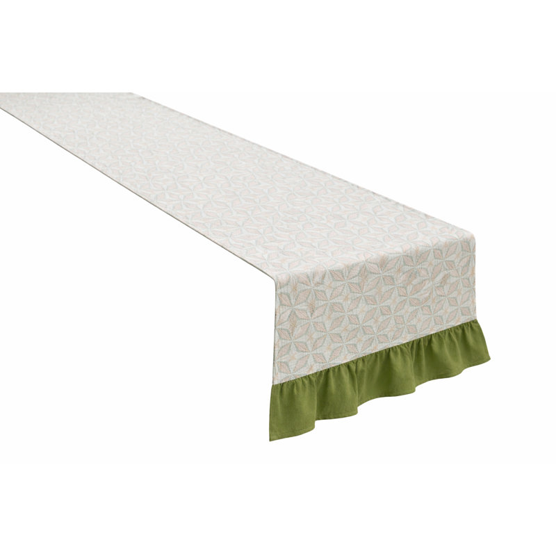 Green Pastel Geometric 100% Cotton Table Runner With Ruffles 14" X 72"